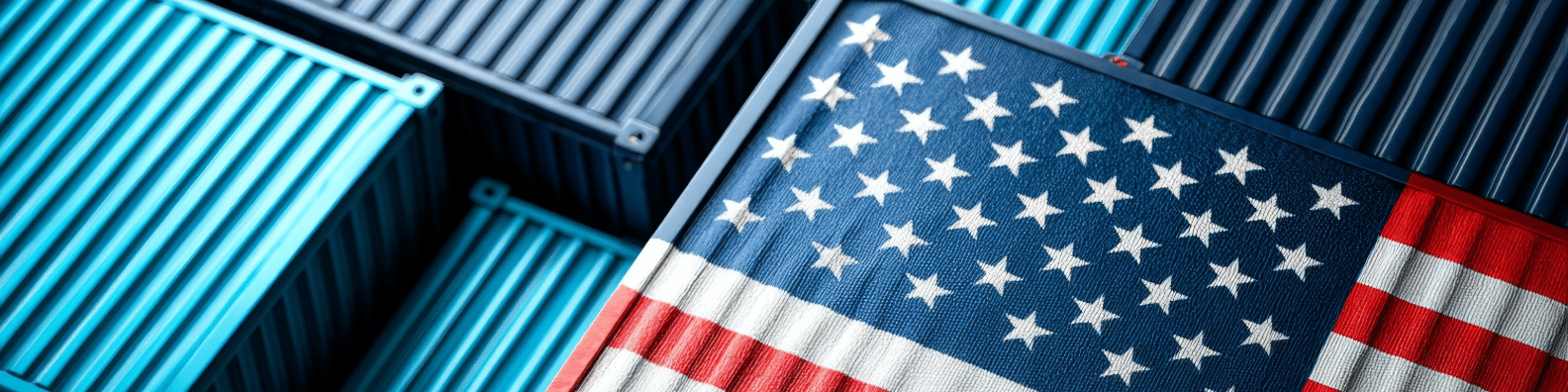 An intermodal cargo container with the USA Flag on it standing out surrounded by blue intermodal cargo containers